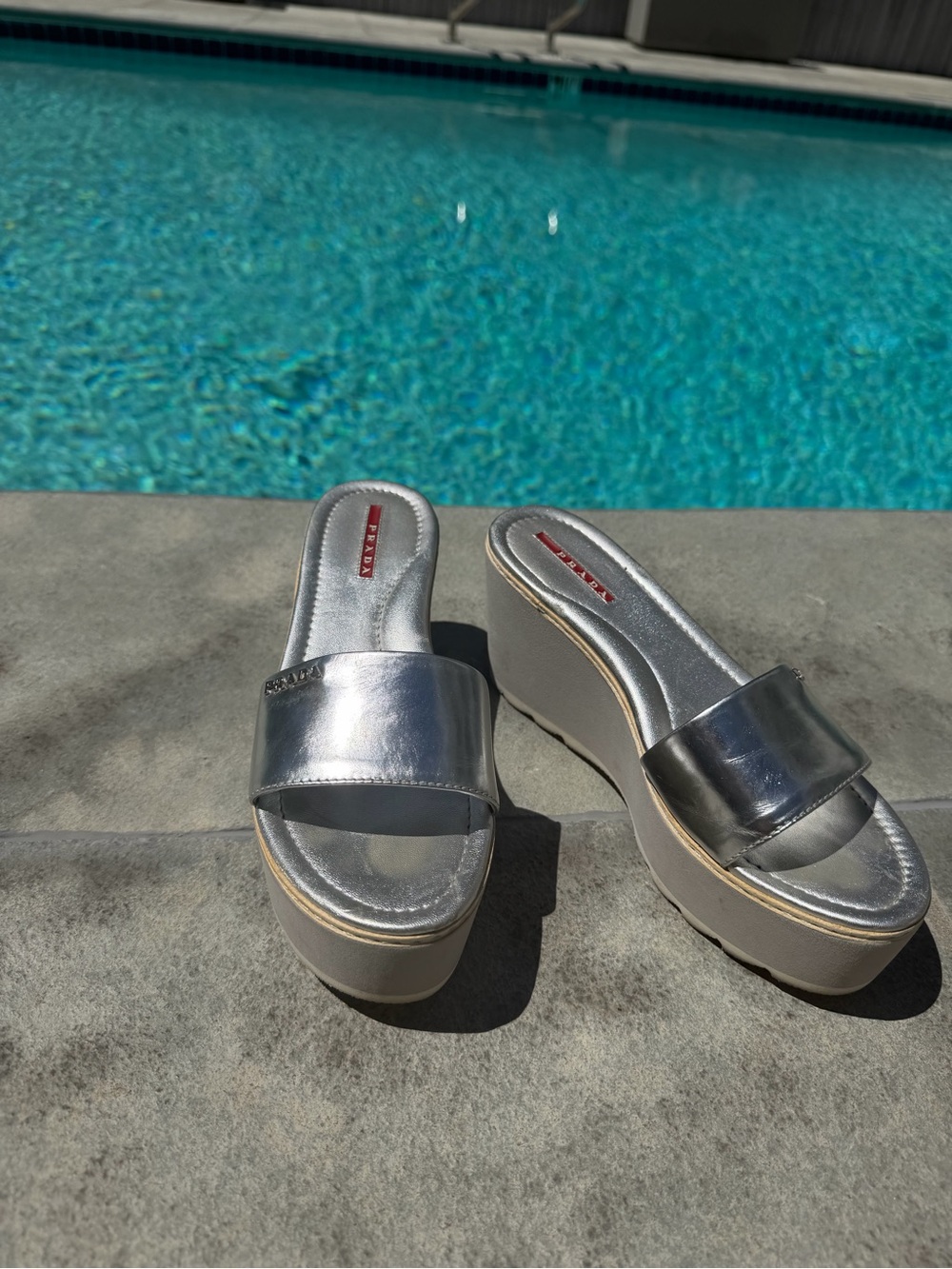 Authentic Vintage PRADA Silver Leather Wedge Sandals Platform Slide 37.5